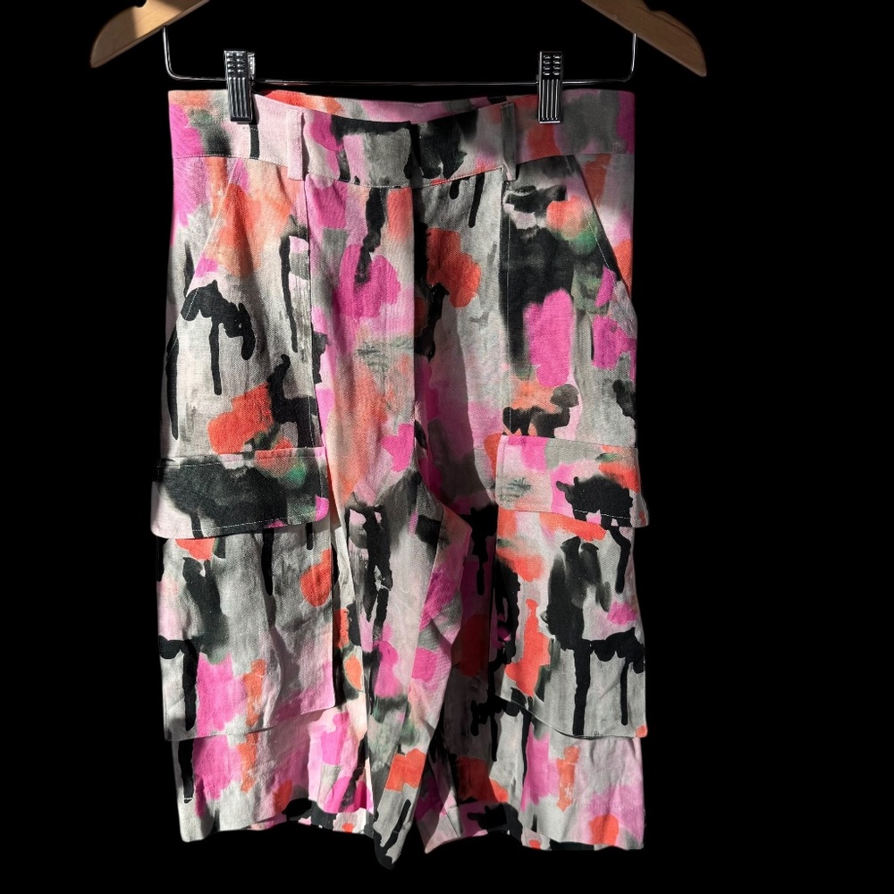 Daniela Corte NWOT Linen Splatter Print Pink/Black/Grey/White Bermuda Short Sz S
